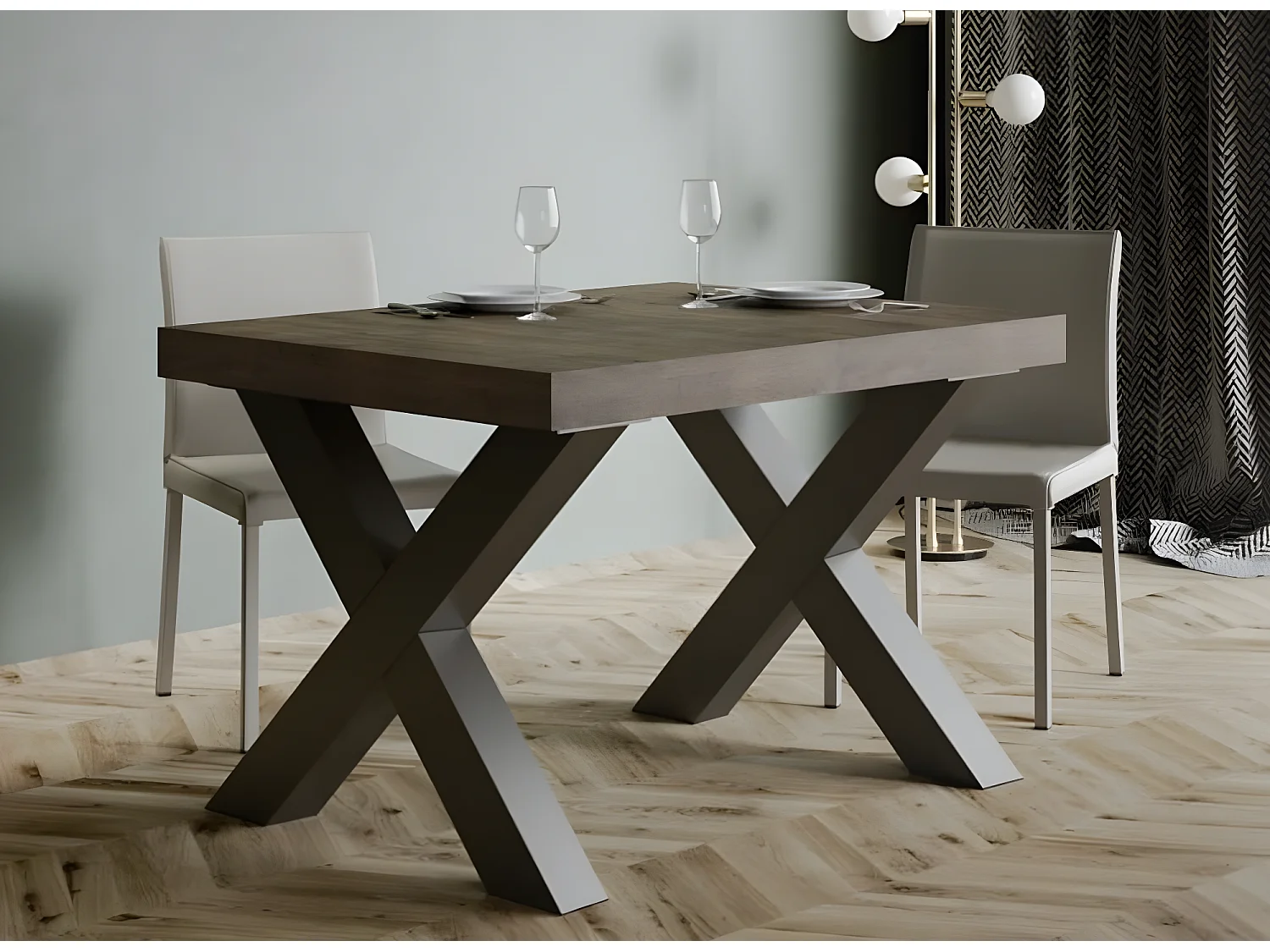 Table à manger rectangulaire bois foncé et pieds métal gris foncé Tsara 180cm