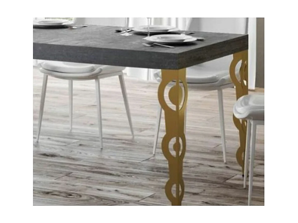 Table à manger rectangulaire orientale gris béton et pieds métal doré Kazay 180cm