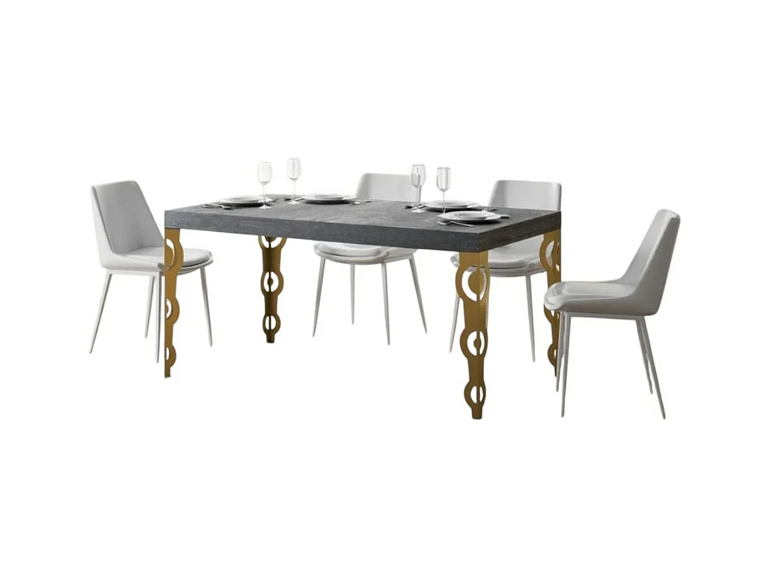 Table à manger rectangulaire orientale gris béton et pieds métal doré Kazay 180cm
