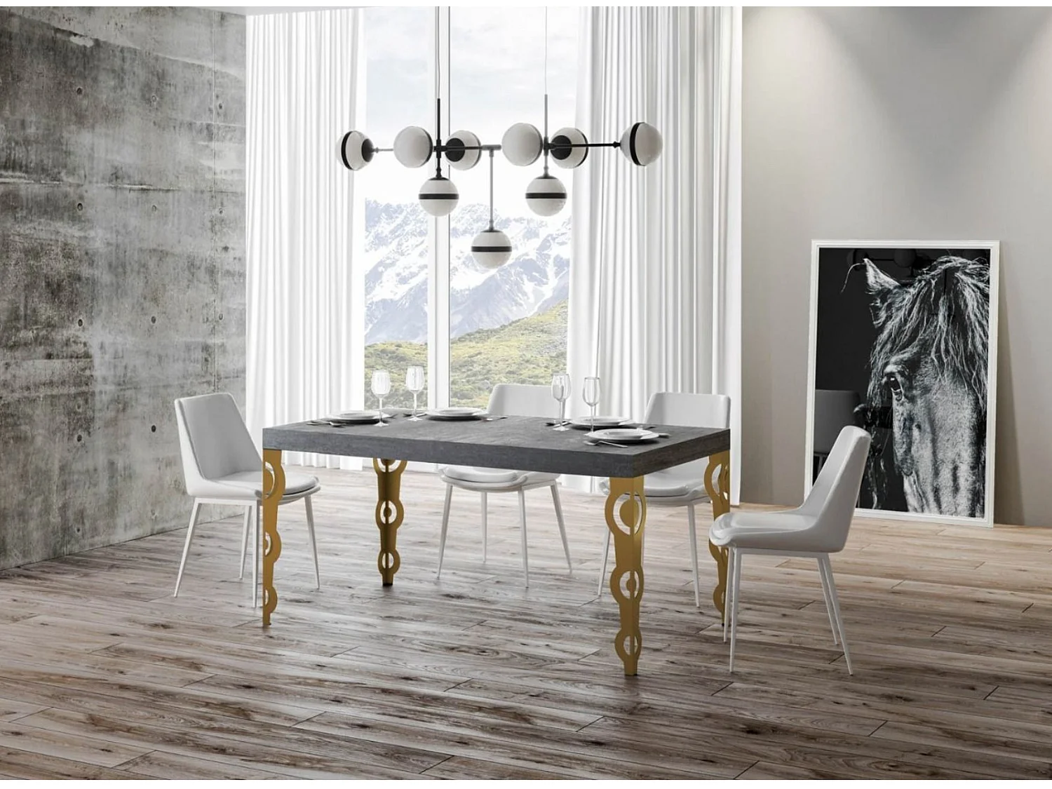 Table à manger rectangulaire orientale gris béton et pieds métal doré Kazay 180cm