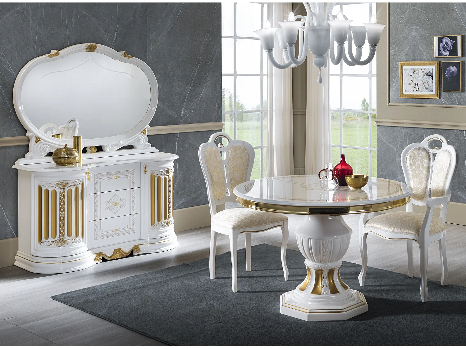 Table à manger ronde extensible bois vernis laqué brillant blanc et doré Lesly 110 à 160cm