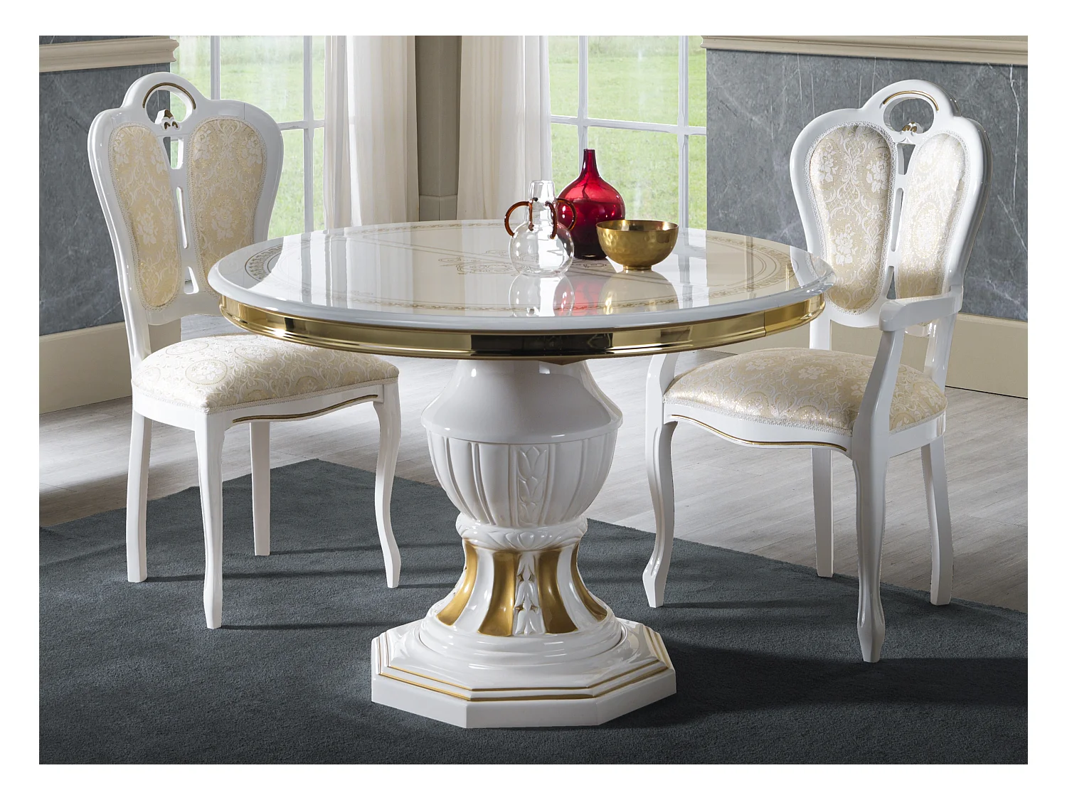 Table à manger ronde extensible bois vernis laqué brillant blanc et doré Lesly 110 à 160cm