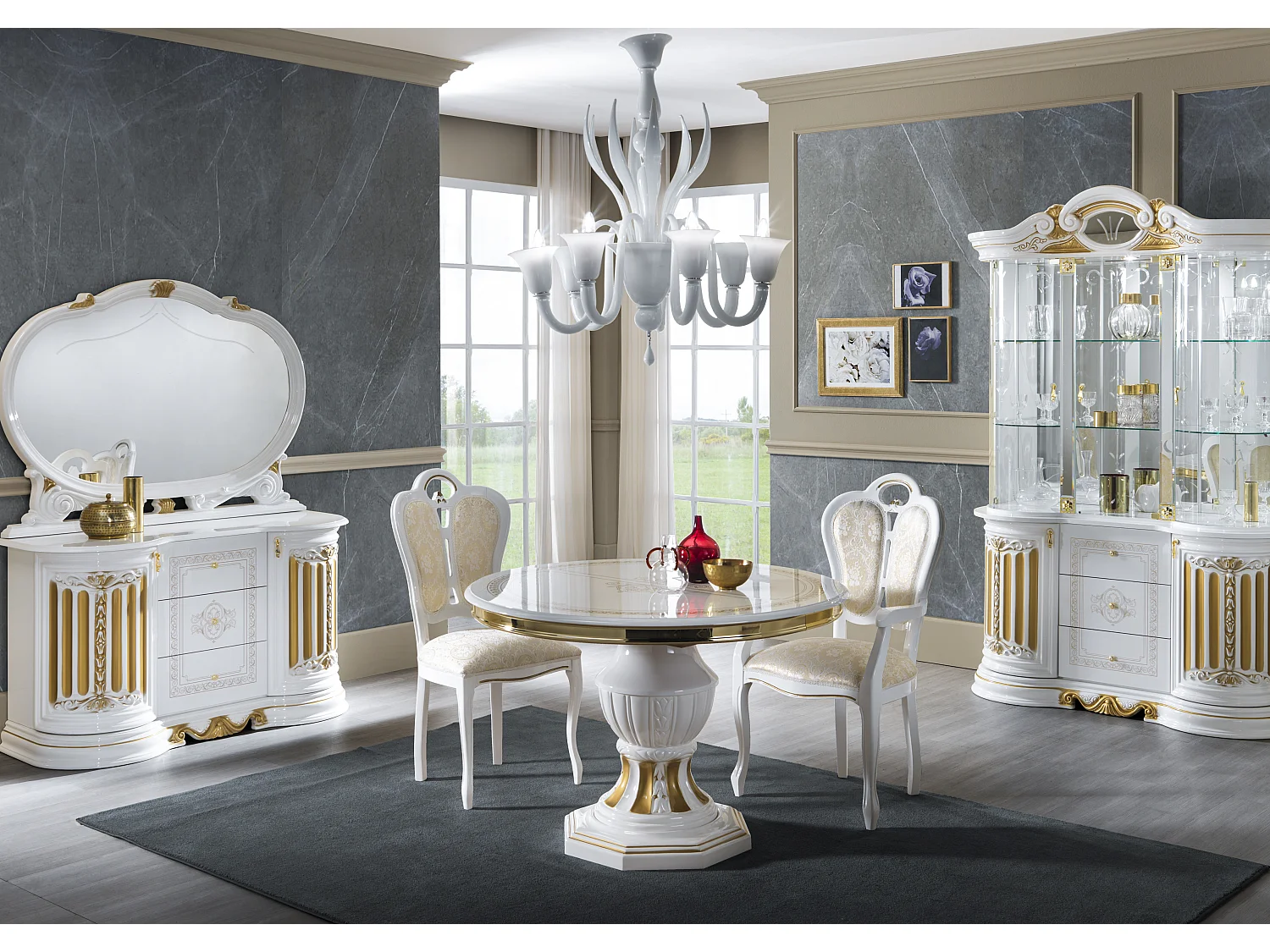 Table à manger ronde extensible bois vernis laqué brillant blanc et doré Lesly 110 à 160cm