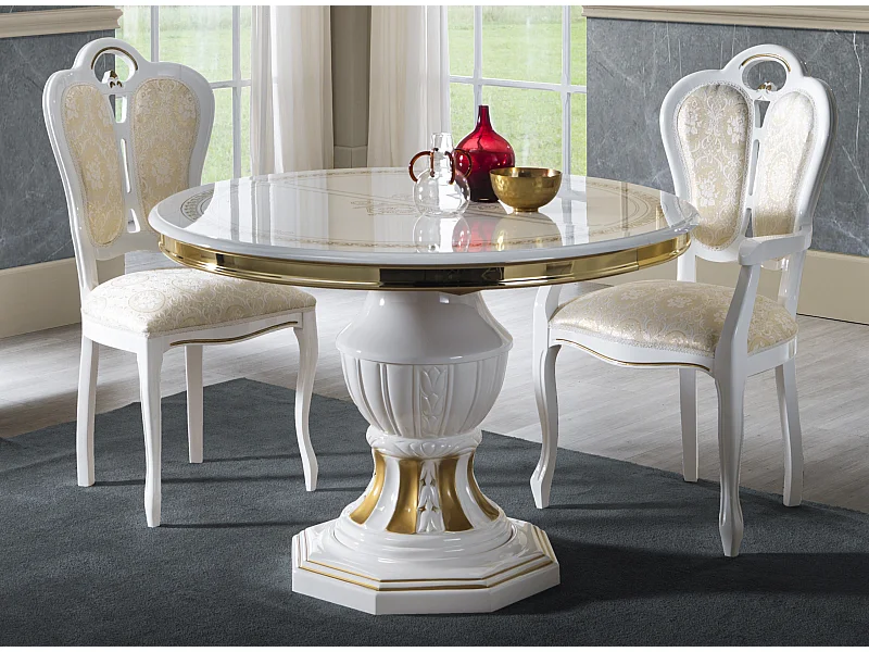 Table à manger ronde extensible bois vernis laqué brillant blanc et doré Lesly 110 à 160cm
