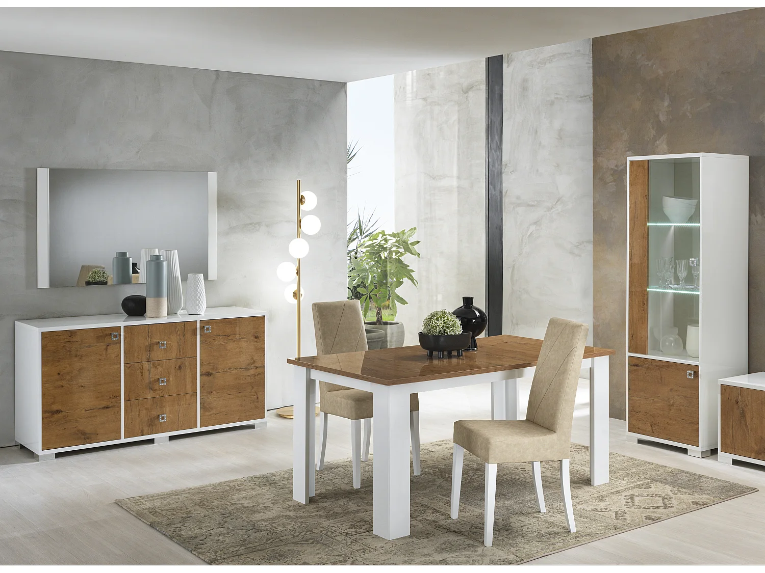 Rechthoekige eikenhouten en glanzend witte eettafel Sting 160 cm