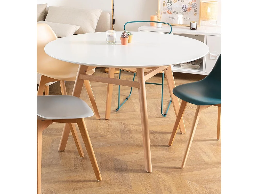 Table ronde 100cm scandinave blanche et pieds bois clair Bristol