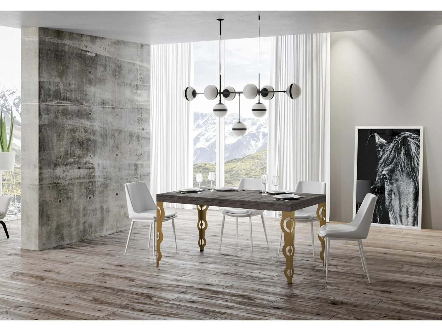 Table à manger rectangulaire orientale bois foncé et pieds métal doré Kazay 180cm