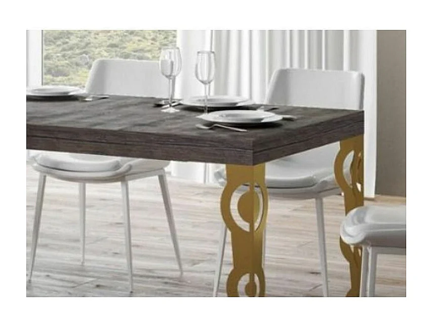 Table à manger rectangulaire orientale bois foncé et pieds métal doré Kazay 180cm