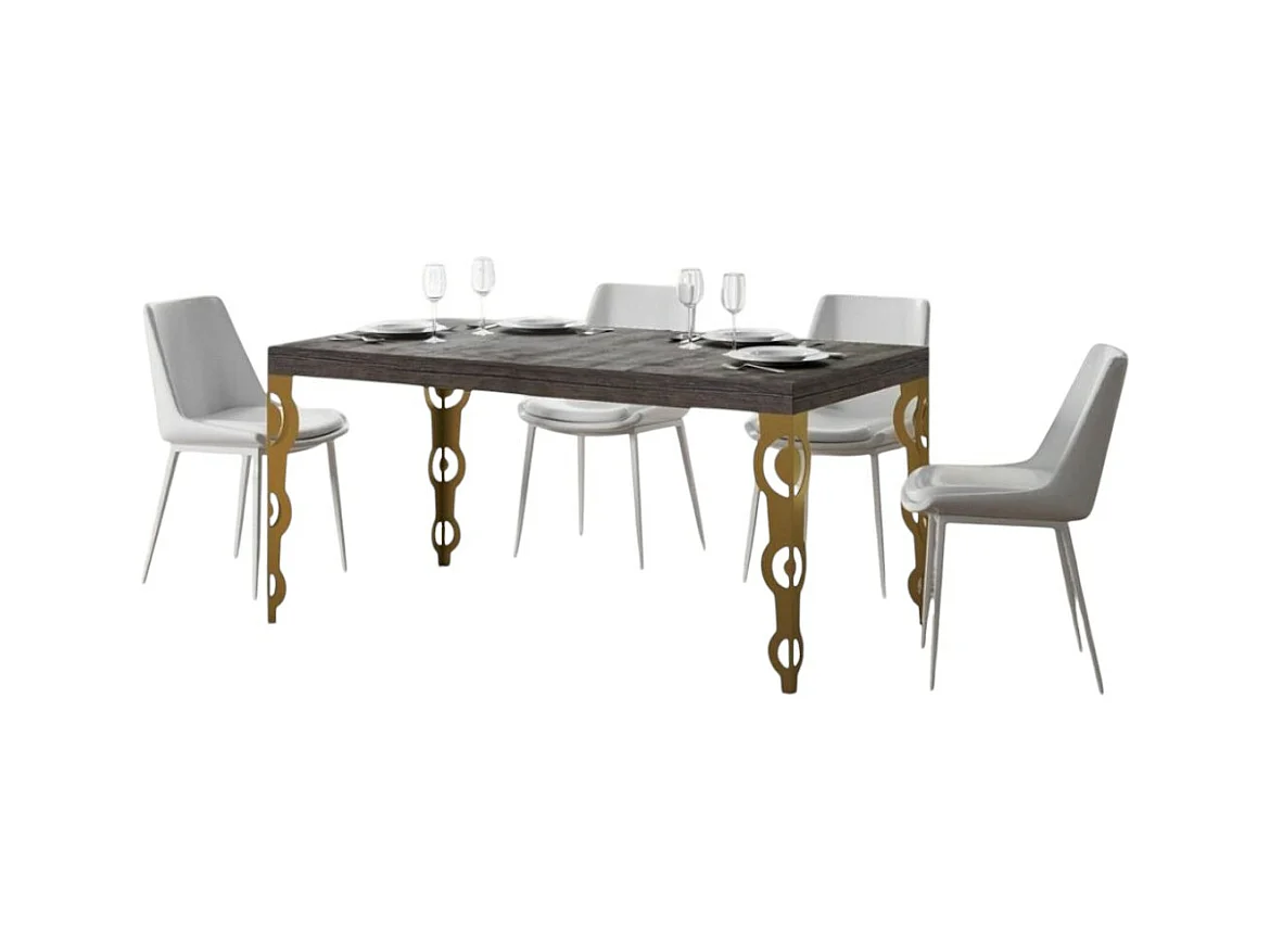 Table à manger rectangulaire orientale bois foncé et pieds métal doré Kazay 180cm