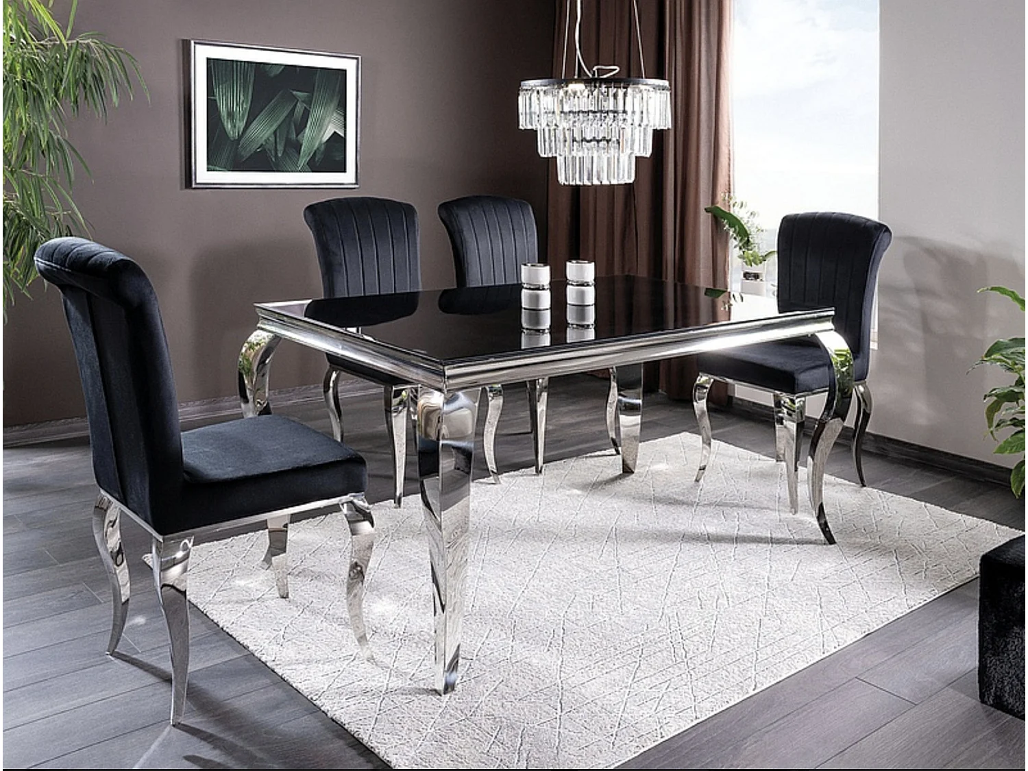 Table à manger design baroque verre trempé noir et acier chromé Boza 150cm