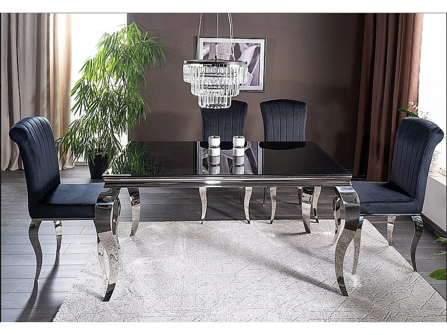 Table à manger design baroque verre trempé noir et acier chromé Boza 150cm