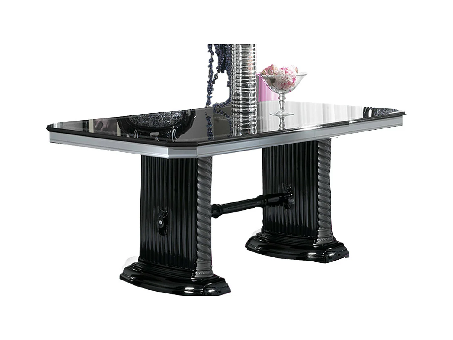 Table à manger rectangulaire extensible bois vernis laqué brillant noir et gris Vinza 185 à 230cm