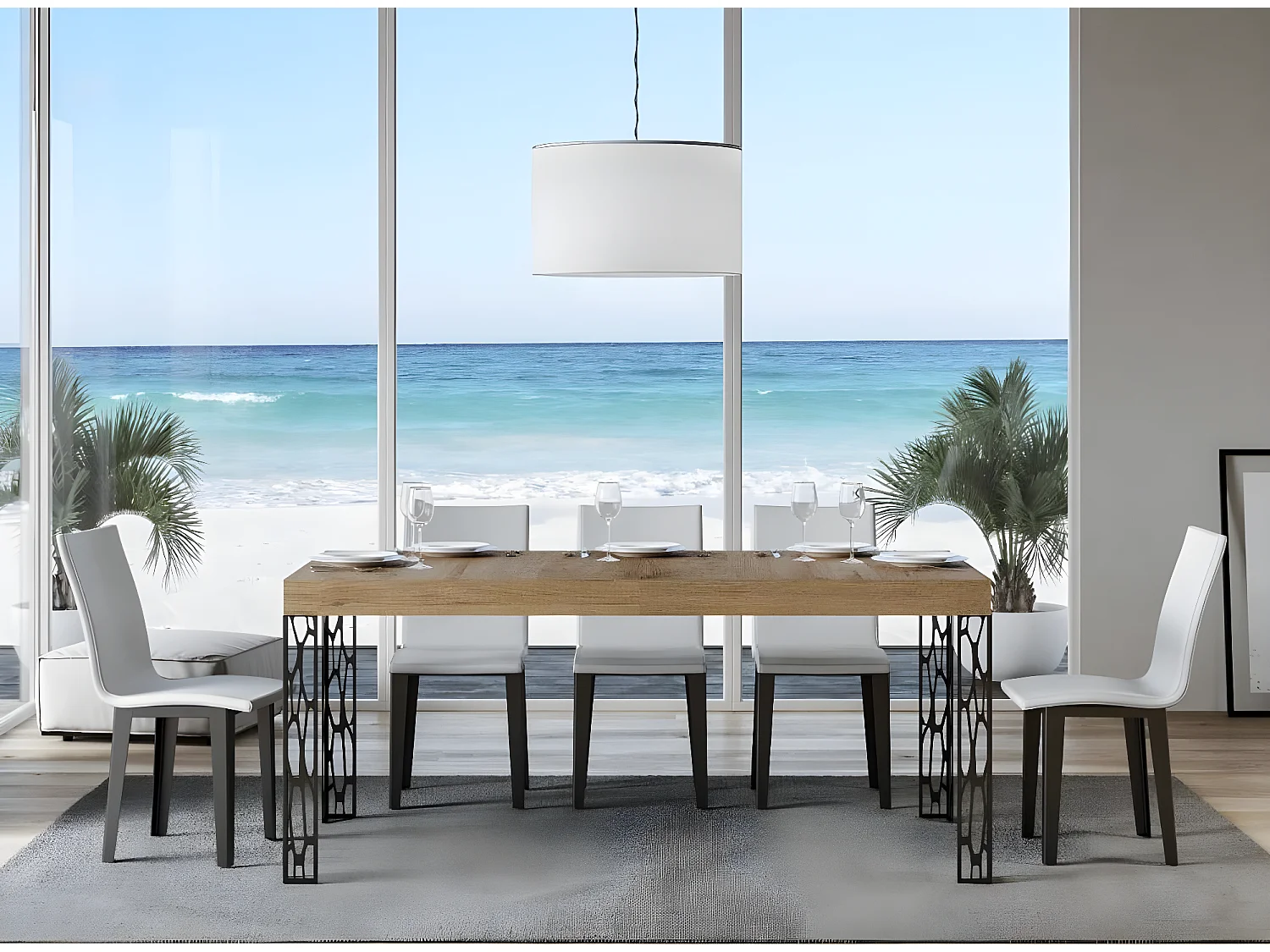 Mesa de comedor rectangular Gisa 160 cm de madera clara con patas de metal gris oscuro