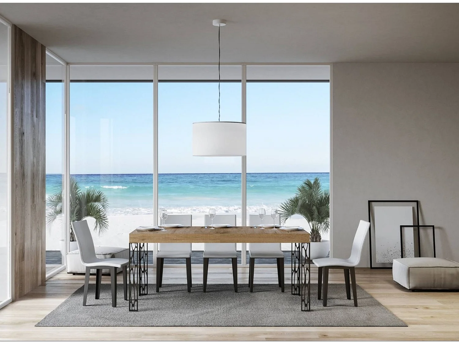 Mesa de comedor rectangular Gisa 160 cm de madera clara con patas de metal gris oscuro