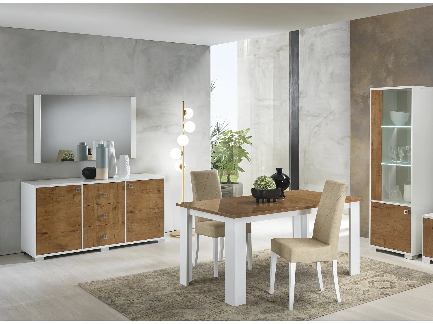 Table à manger carrée bois Oak et blanc brillant Sting 120cm