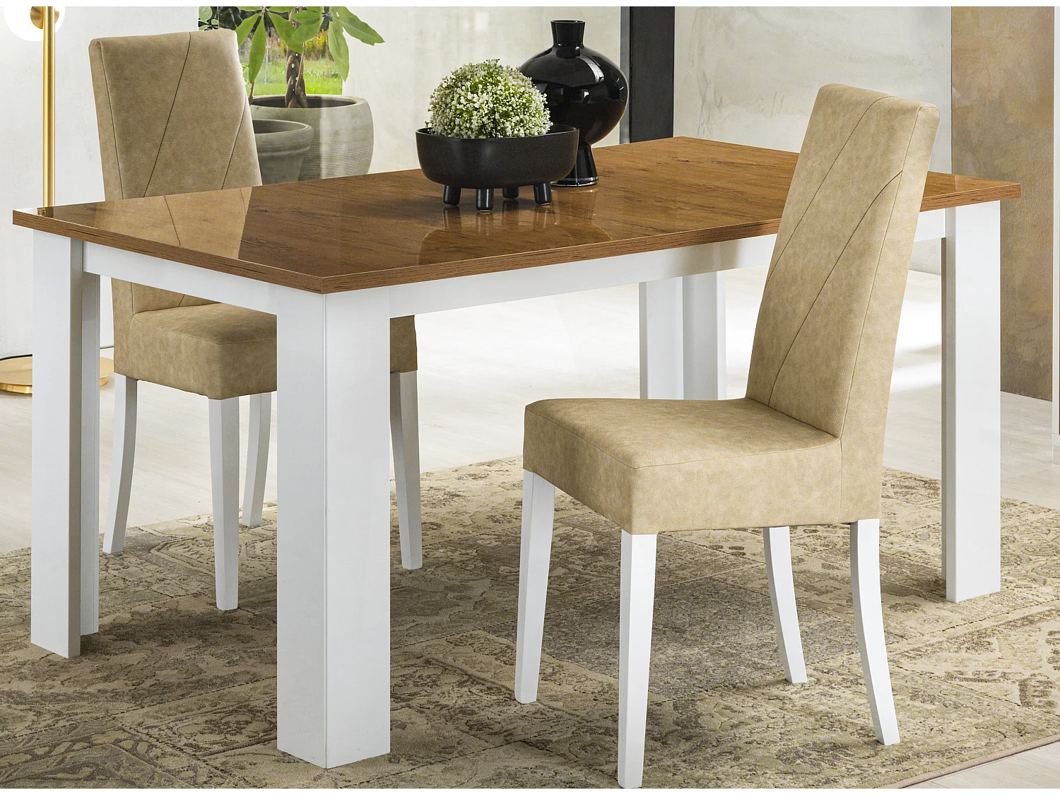 Table à manger carrée bois Oak et blanc brillant Sting 120cm