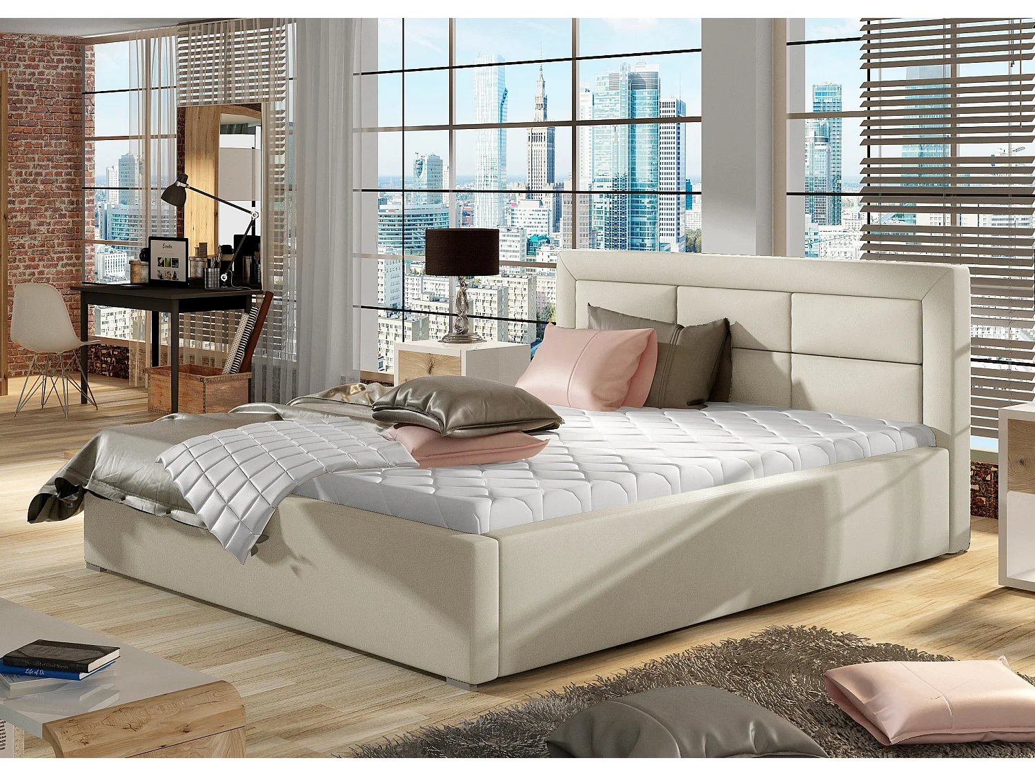 Lit moderne simili cuir capitonné Rizaro-Couleur Crème-140x200-Version avec sommier