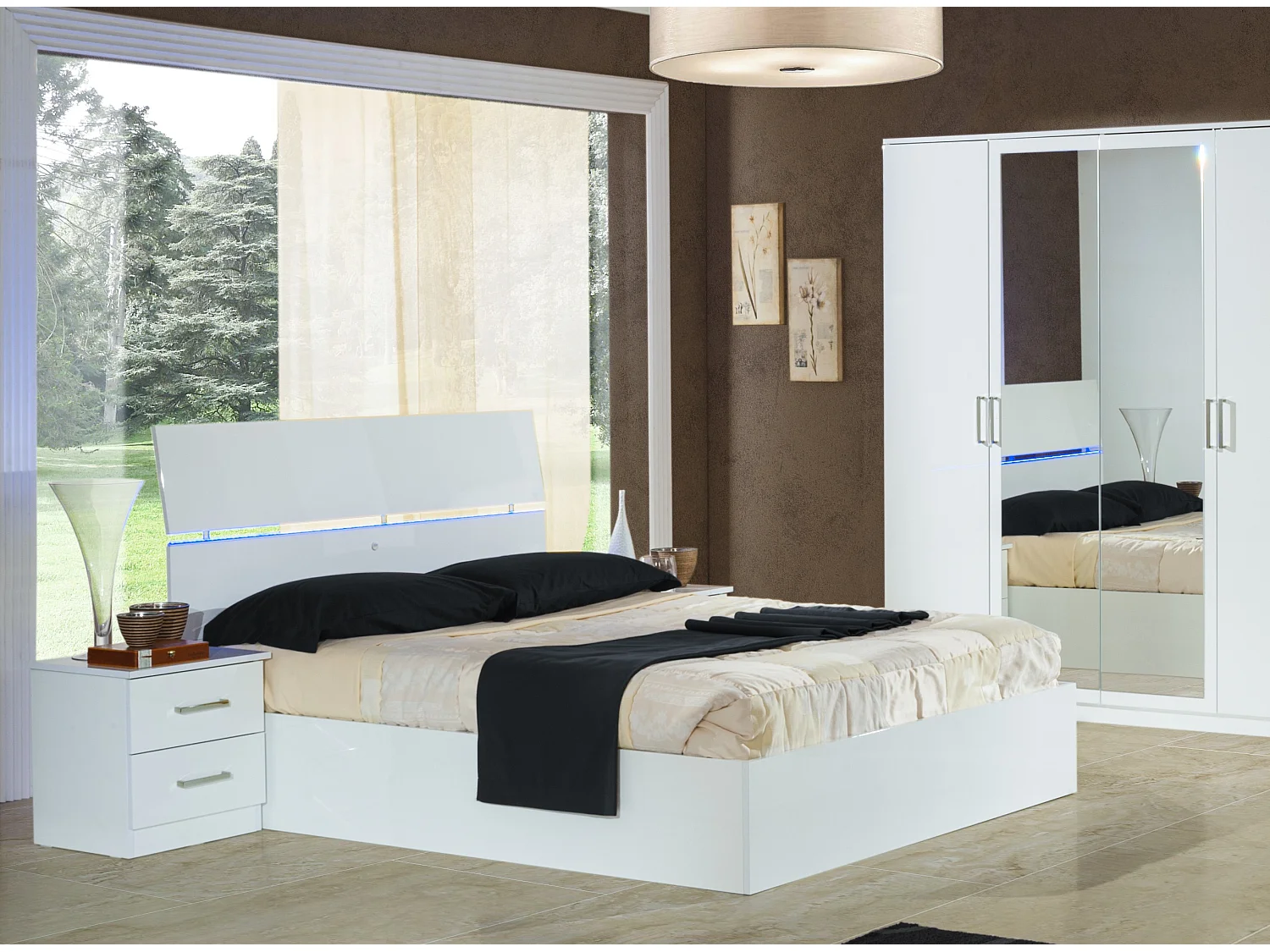 Lit moderne bois blanc laqué et tête de lit blanche laquée avec led Mona-Couchage 140x190 cm