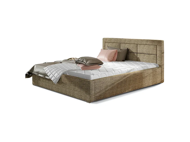 Lit moderne tissu capitonné Rizaro-Couleur Beige chiné-140x200-Version avec sommier