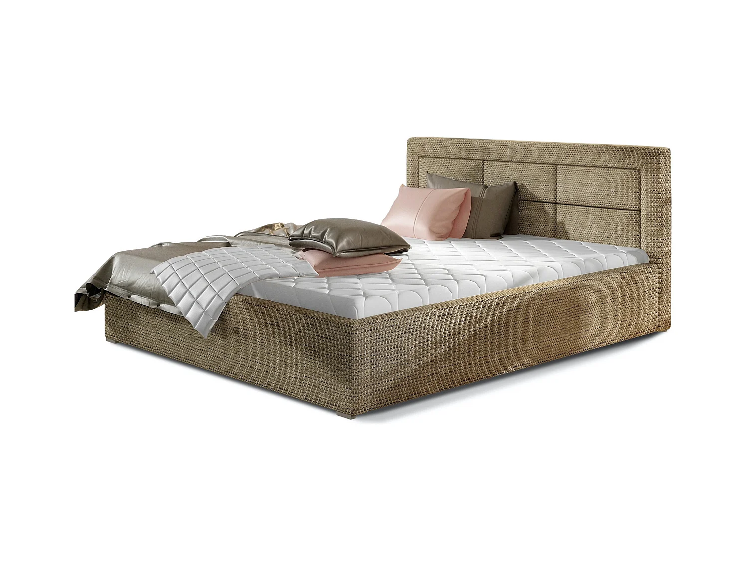 Lit moderne tissu capitonné Rizaro-Couleur Beige chiné-140x200-Version avec sommier