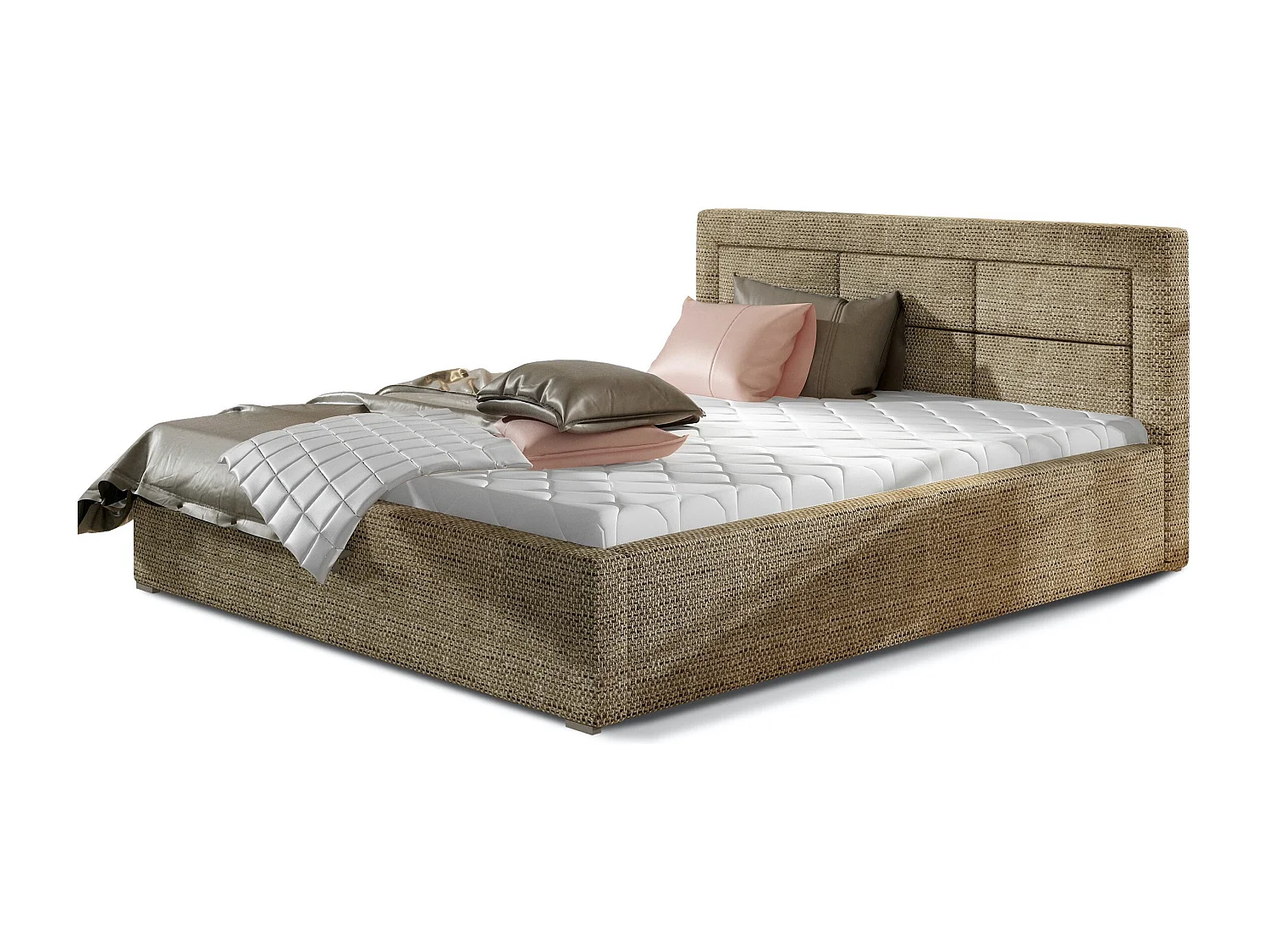 Lit moderne tissu capitonné Rizaro-Couleur Beige chiné-140x200-Version avec sommier