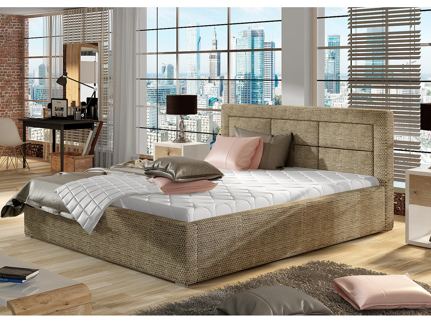 Lit moderne tissu capitonné Rizaro-Couleur Beige chiné-140x200-Version avec sommier