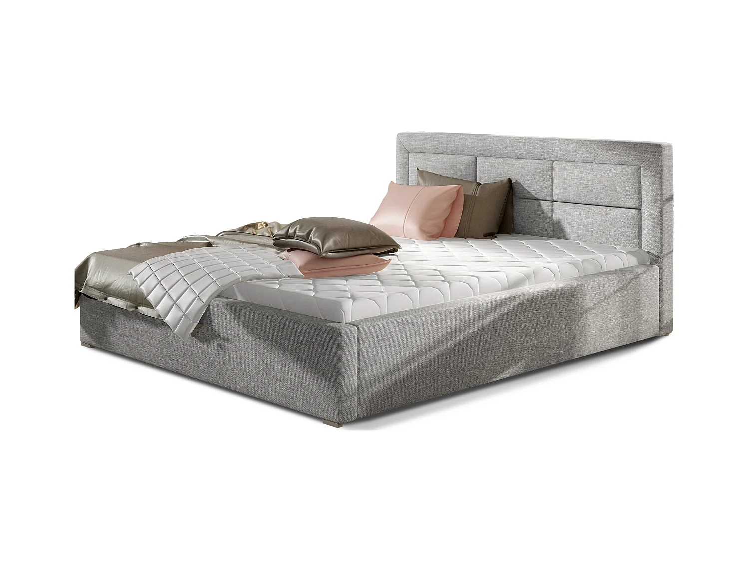 Lit moderne tissu capitonné Rizaro-Couleur Gris clair-140x200-Version coffre de rangement