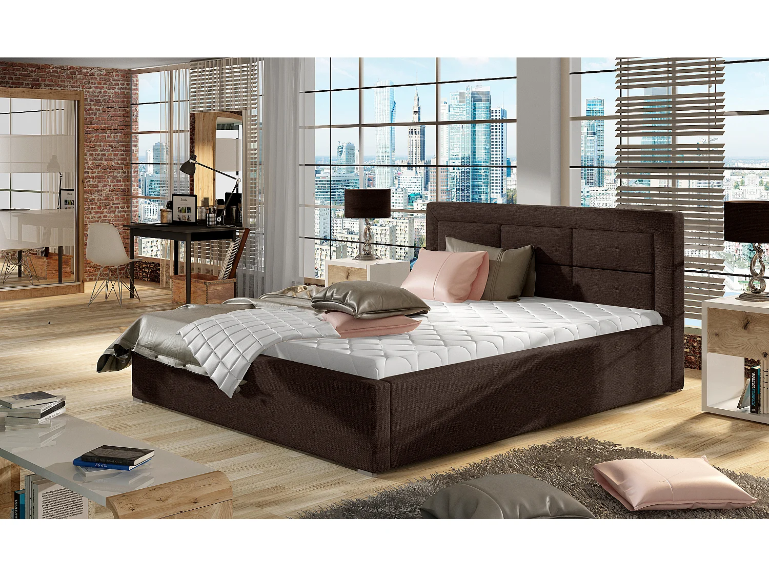 Lit moderne tissu capitonné Rizaro-Couleur Marron-180x200-Version avec sommier