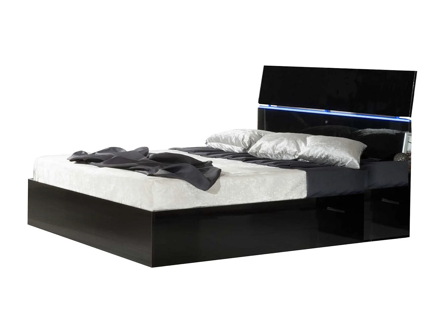 Lit moderne bois noir laqué et tête de lit noire laquée avec led Mona-Couchage 160x200 cm