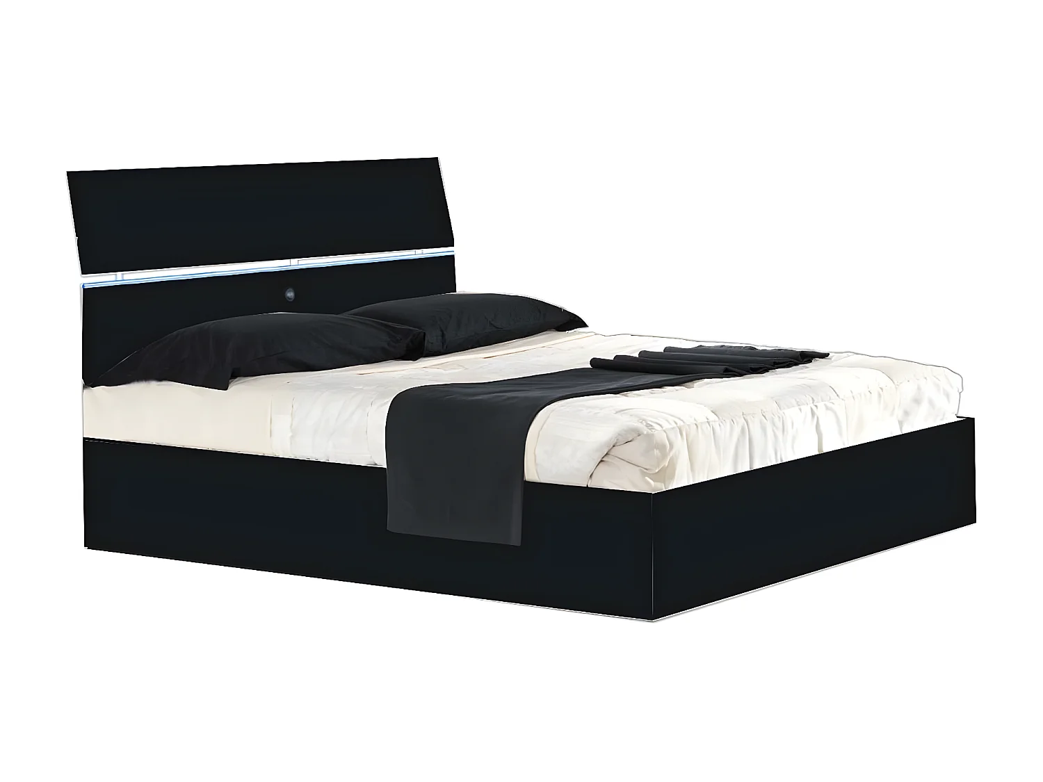 Lit moderne bois noir laqué et tête de lit noire laquée avec led Mona-Couchage 160x200 cm