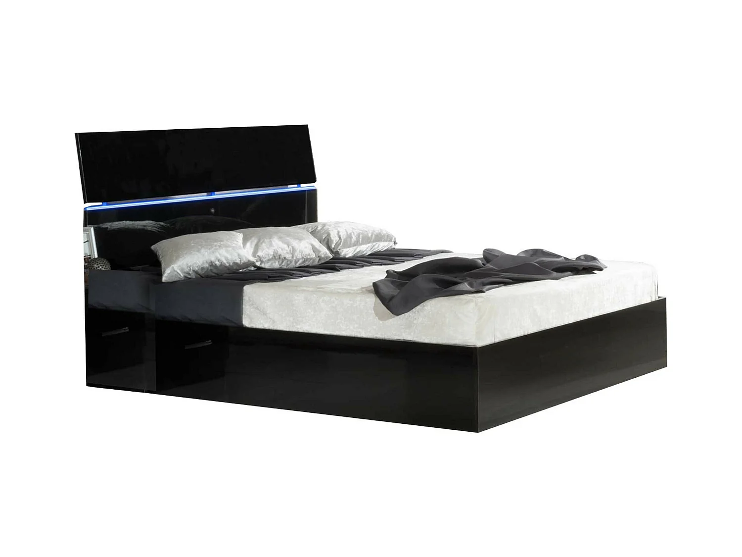 Lit moderne bois noir laqué et tête de lit noire laquée avec led Mona-Couchage 160x200 cm