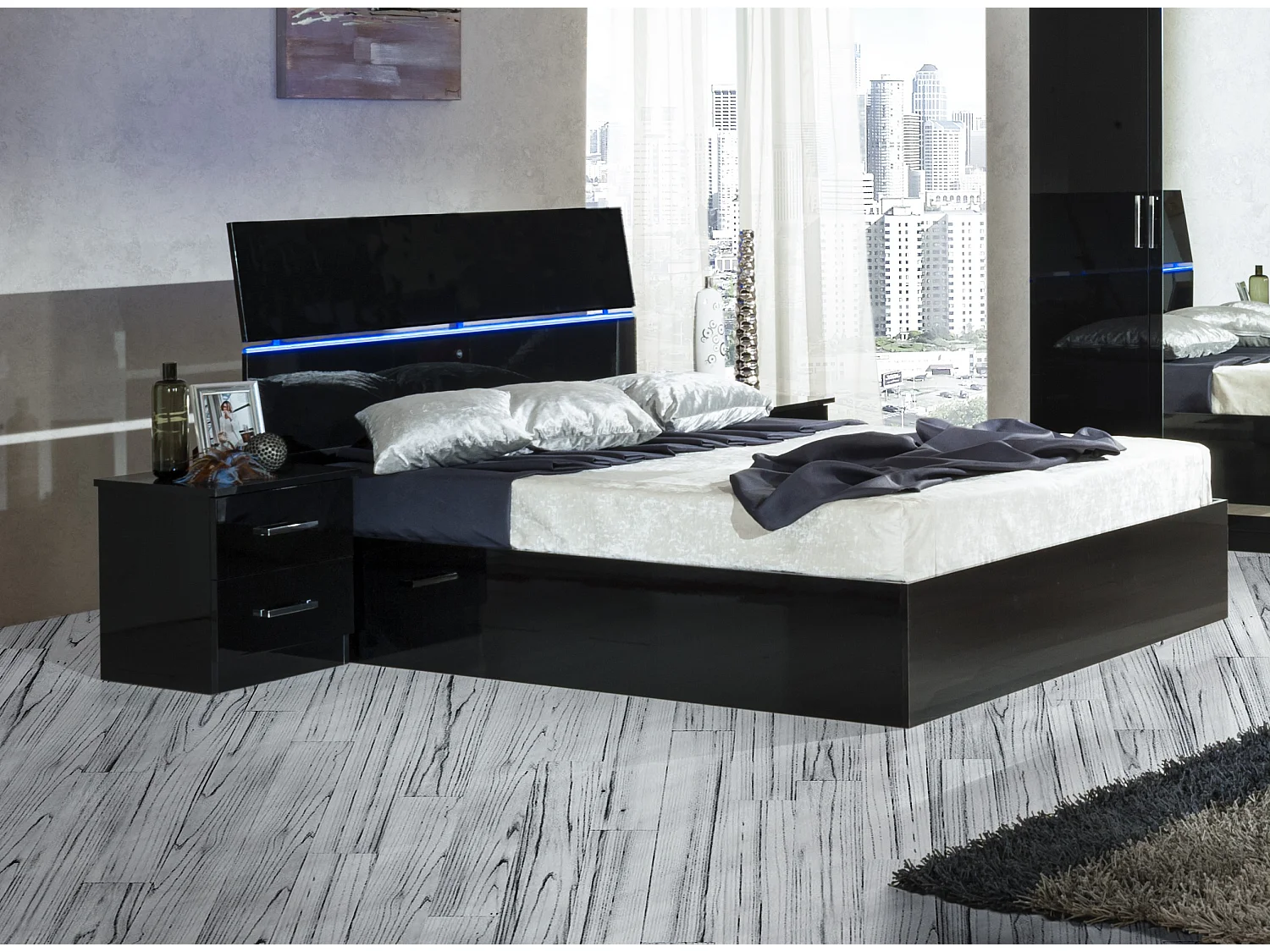 Lit moderne bois noir laqué et tête de lit noire laquée avec led Mona-Couchage 160x200 cm