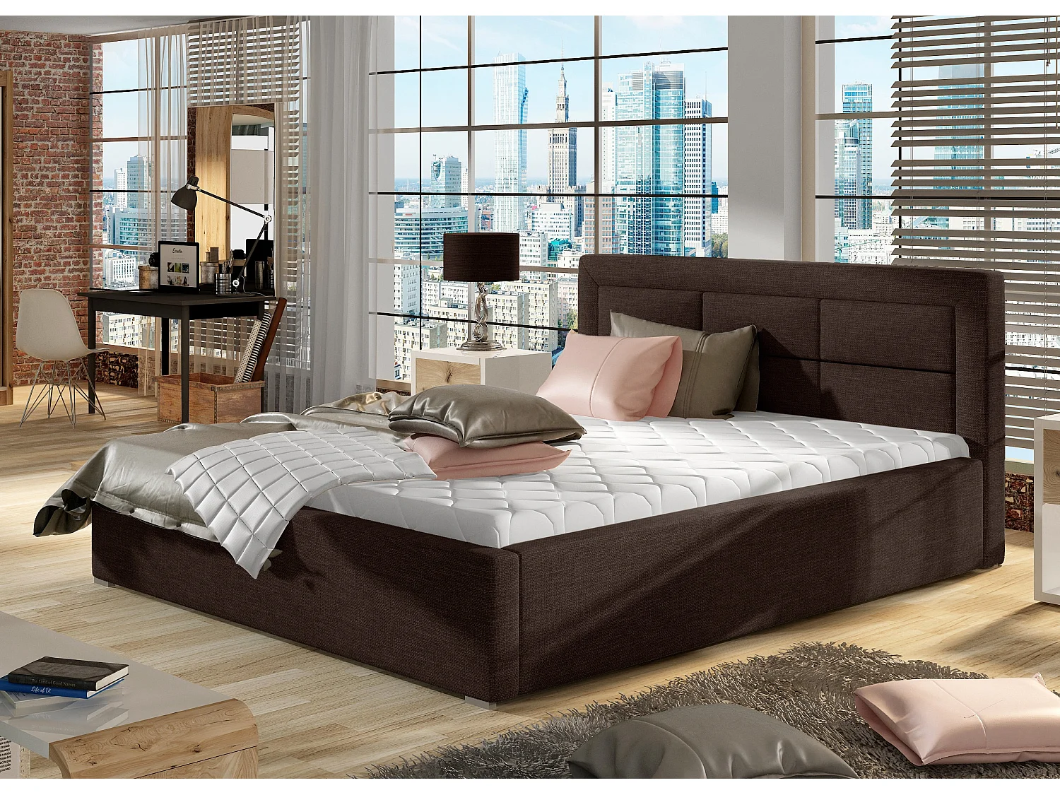 Lit moderne tissu capitonné Rizaro-Couleur Marron-160x200-Version avec sommier