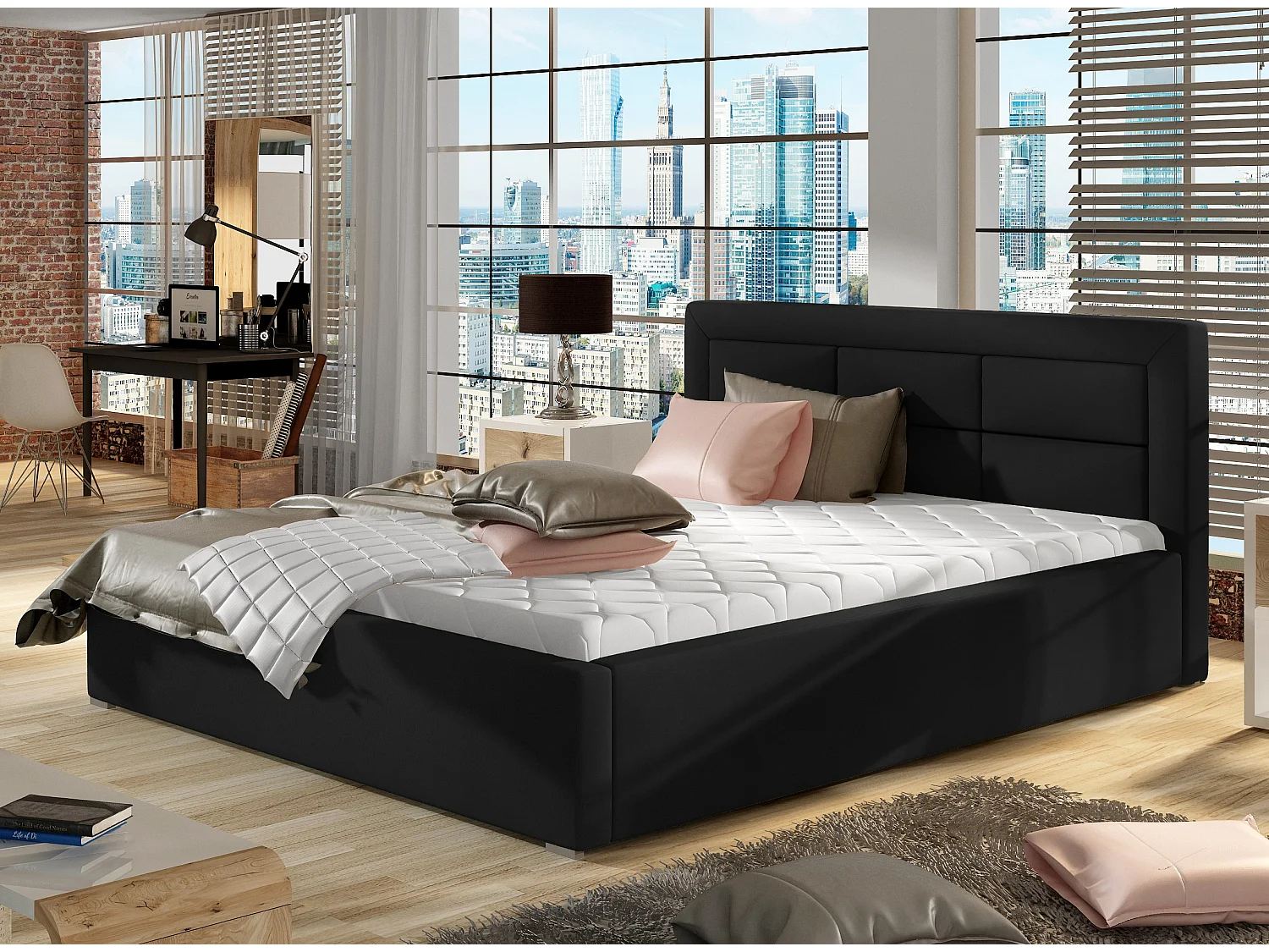 Rizaro modern gewatteerd kunstleren bed-Kleur Zwart-Slapen 140x200cm-Versie met boxspring
