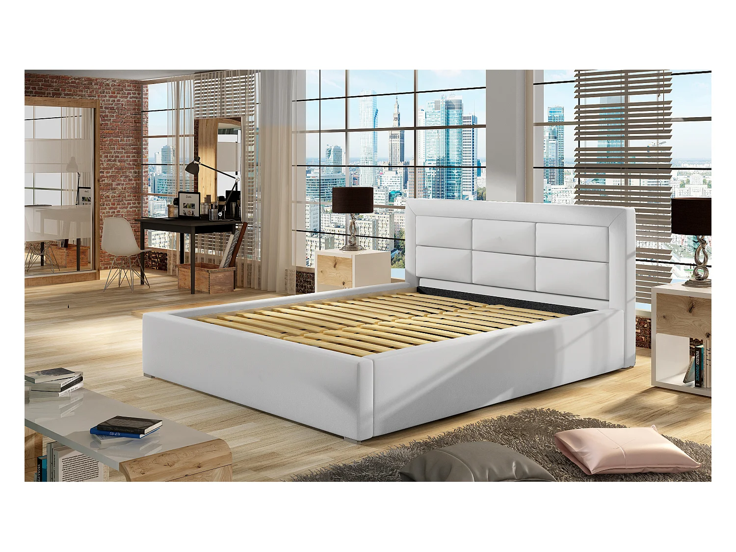 Lit moderne simili cuir capitonné Rizaro-Couleur Blanc-180x200-Version avec sommier