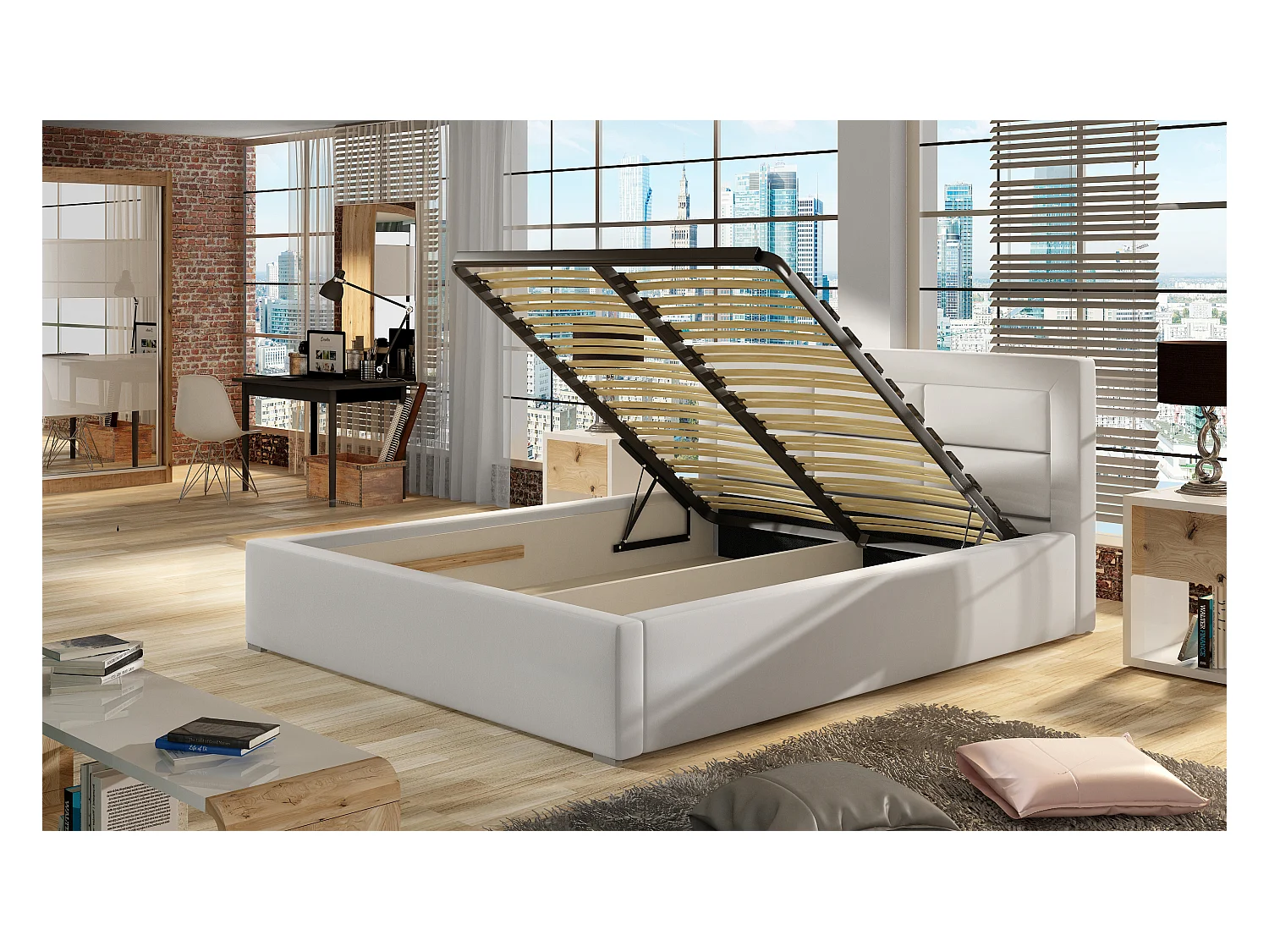 Lit moderne simili cuir capitonné Rizaro-Couleur Blanc-180x200-Version avec sommier