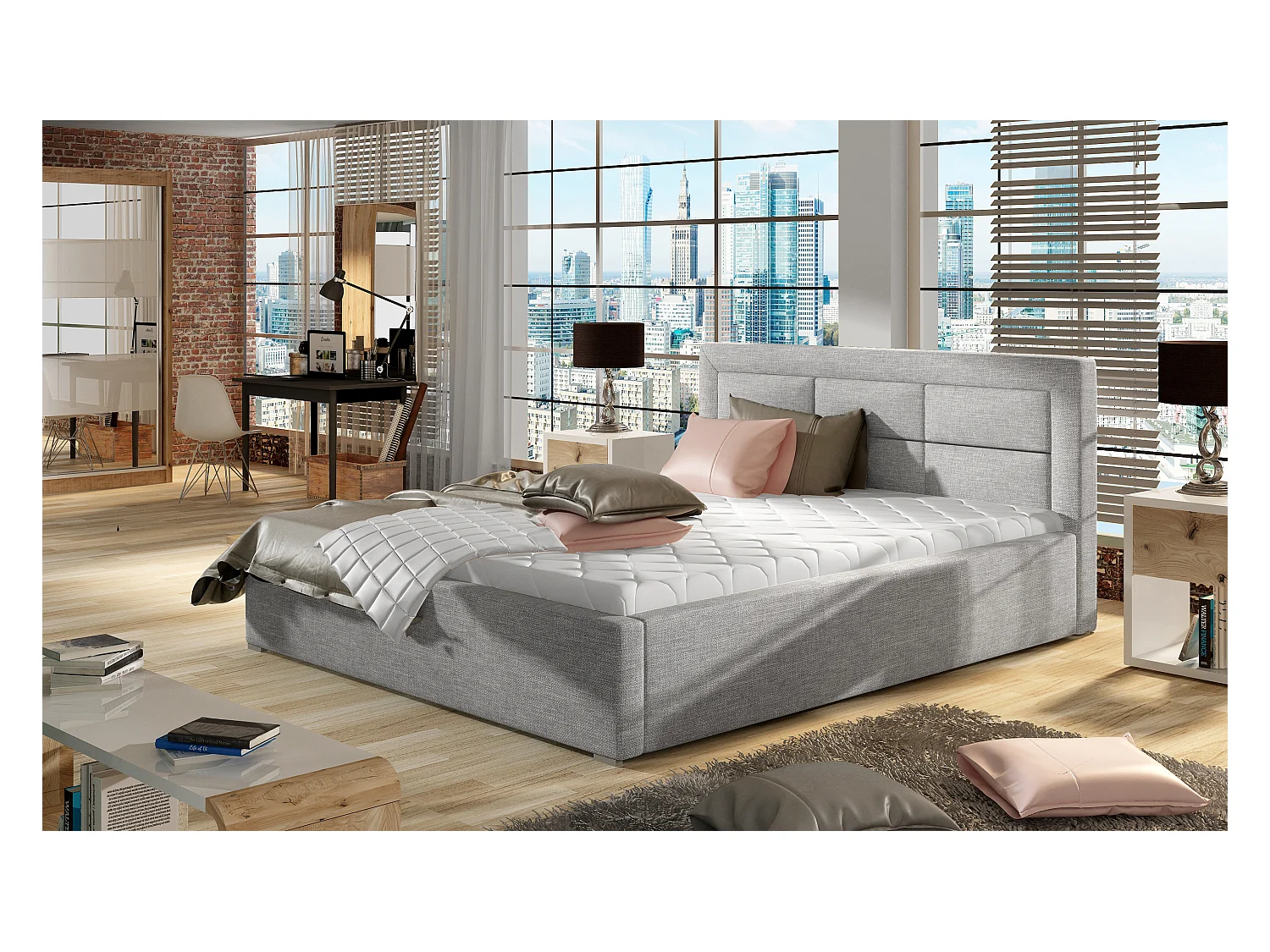 Lit moderne tissu capitonné Rizaro-Couleur Gris clair-180x200