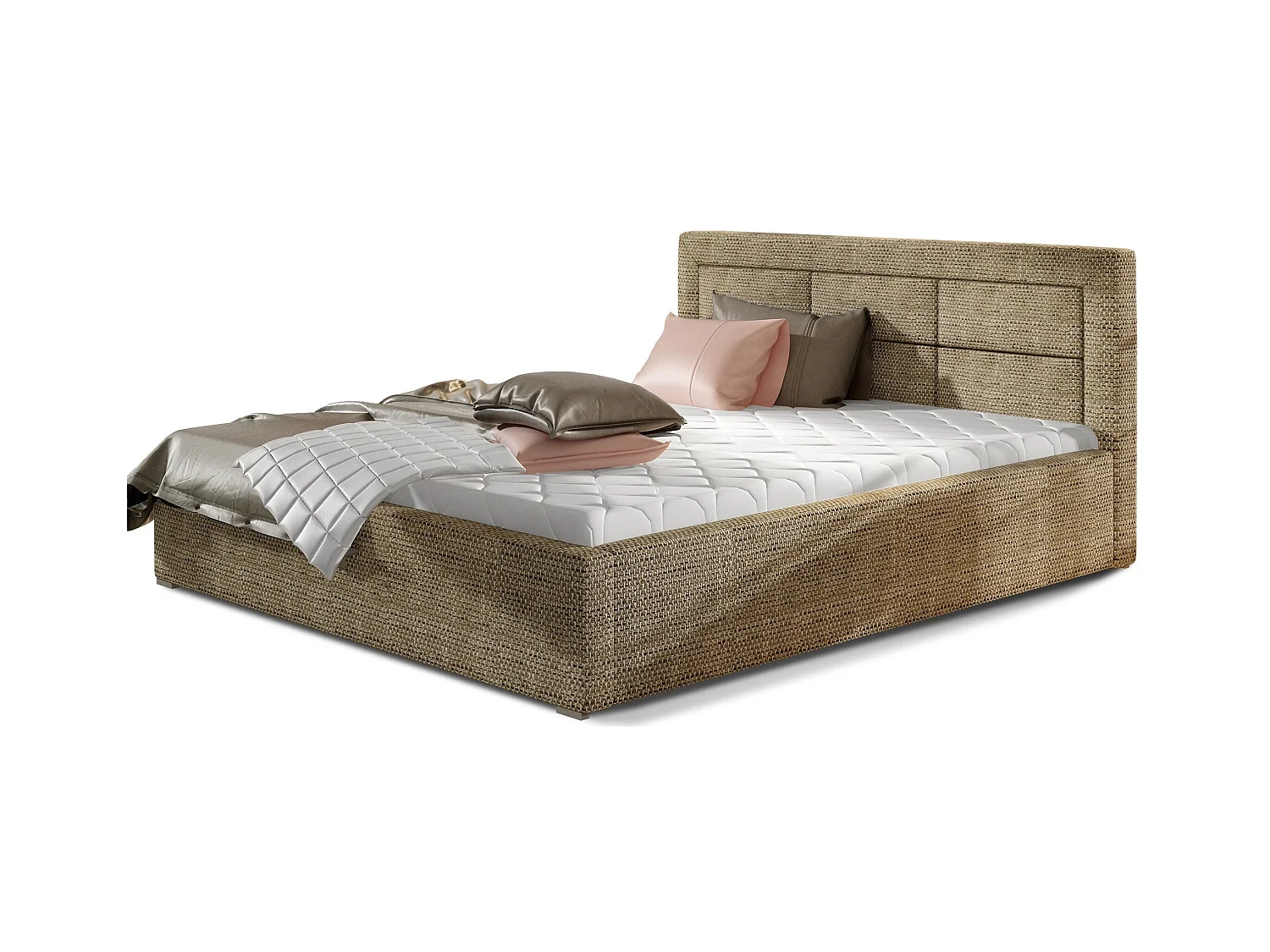 Lit moderne tissu capitonné Rizaro-Couleur Beige chiné-180x200-Version avec sommier