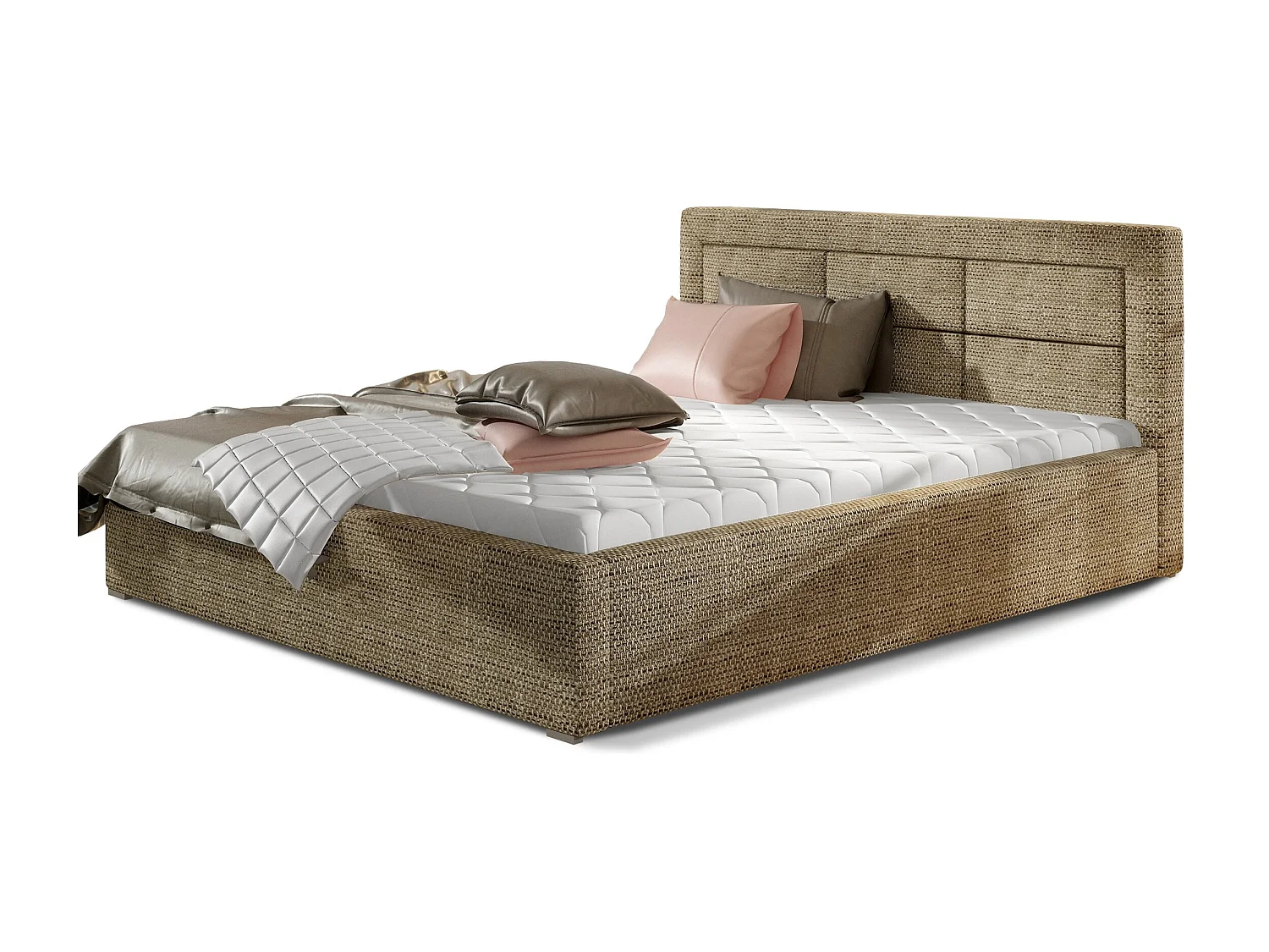 Lit moderne tissu capitonné Rizaro-Couleur Beige chiné-180x200-Version avec sommier