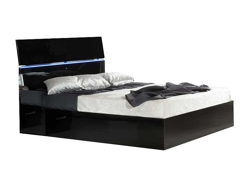 Lit moderne bois noir laqué et tête de lit noire laquée avec led Mona-Couchage 140x190 cm
