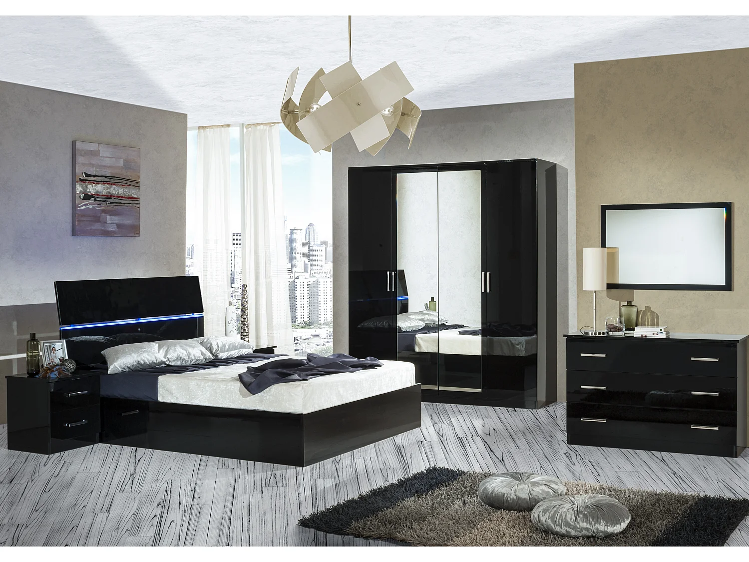 Lit moderne bois noir laqué et tête de lit noire laquée avec led Mona-Couchage 140x190 cm