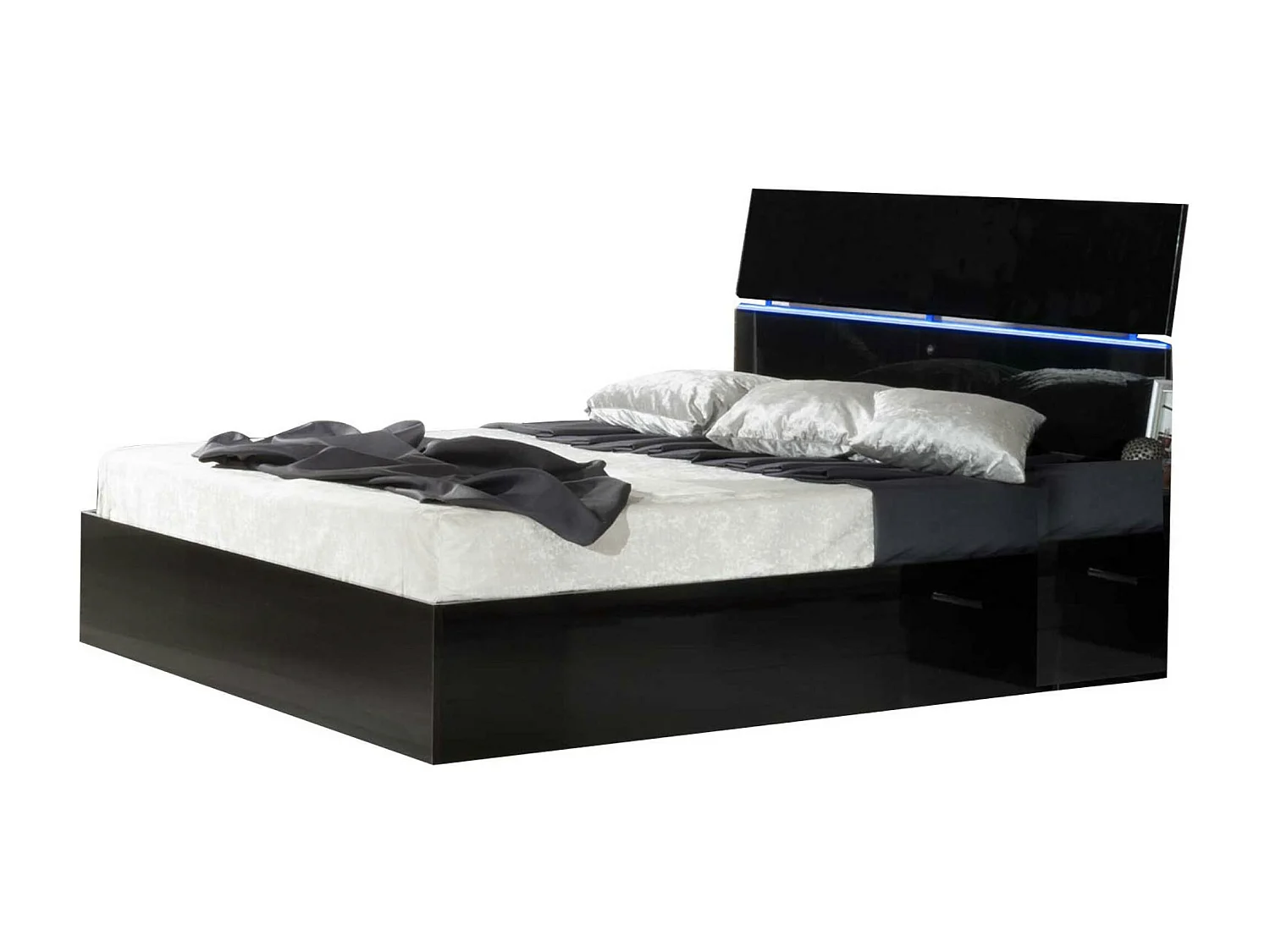 Lit moderne bois noir laqué et tête de lit noire laquée avec led Mona-Couchage 140x190 cm