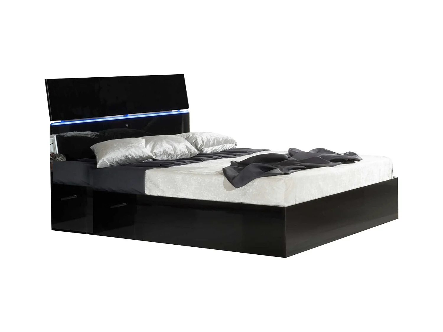 Lit moderne bois noir laqué et tête de lit noire laquée avec led Mona-Couchage 140x190 cm