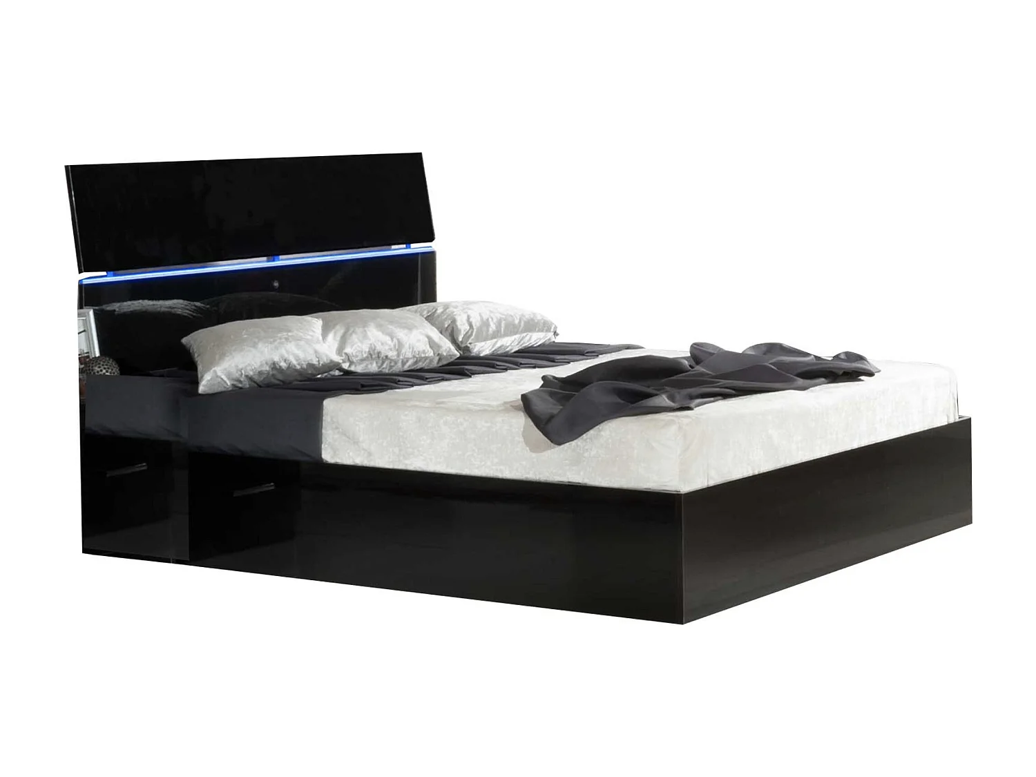 Modern zwart gelakt houten bed en zwart gelakt hoofdeinde met LED Mona-Slapen 140x190cm