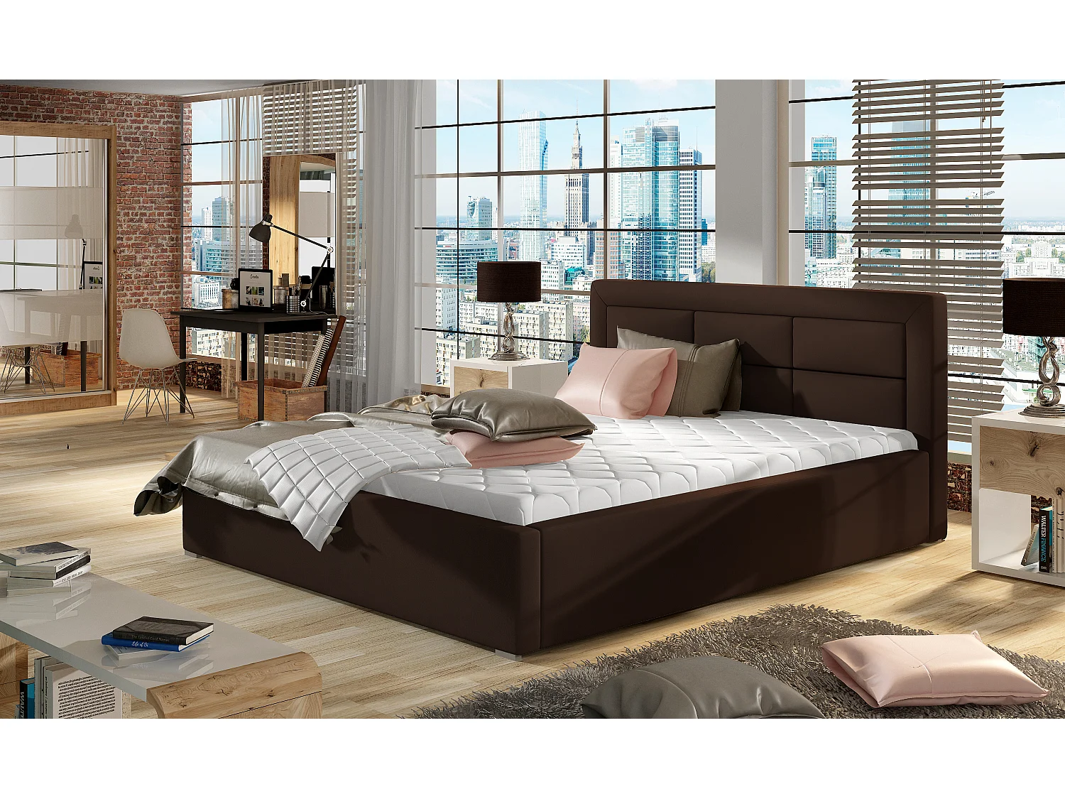 Lit moderne simili cuir capitonné Rizaro-Couleur Marron-180x200-Version avec sommier