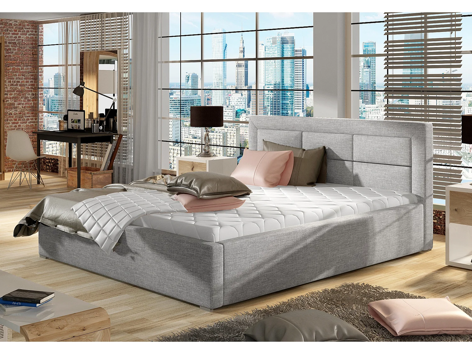 Lit moderne tissu capitonné Rizaro-Couleur Gris clair-140x200-Version avec sommier