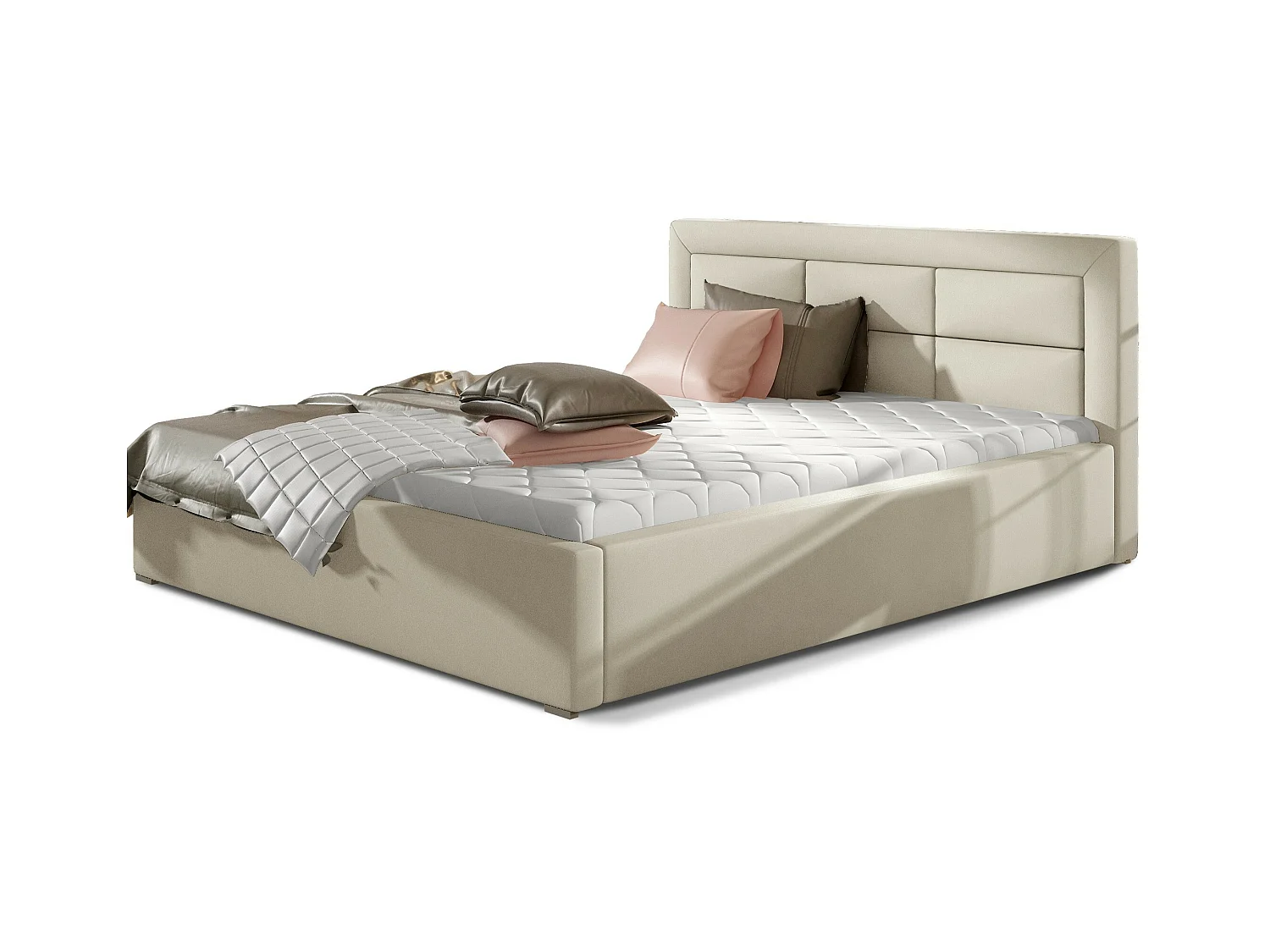 Lit moderne simili cuir capitonné Rizaro-Couleur Crème-160x200-Version avec sommier