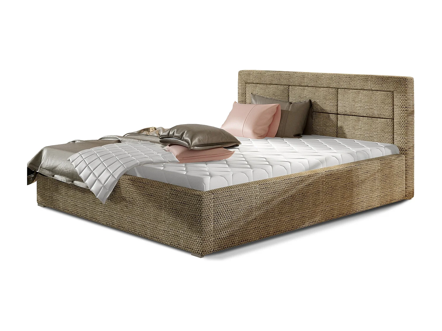 Lit moderne tissu capitonné Rizaro-Couleur Gris clair-200x200-Version avec sommier