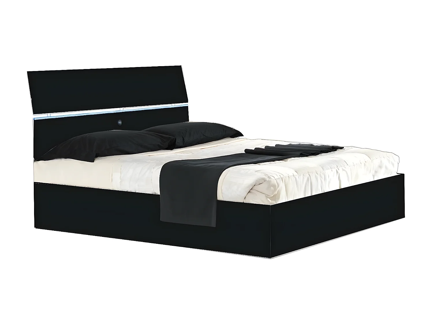 Lit moderne bois noir laqué et tête de lit noire laquée avec led Mona-Couchage 180x200 cm