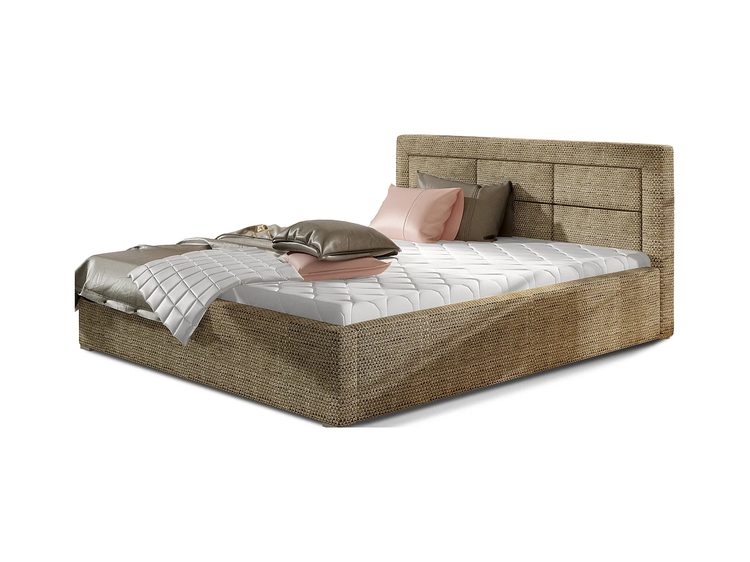 Lit moderne tissu capitonné Rizaro-Couleur Beige chiné-180x200-Version coffre de rangement